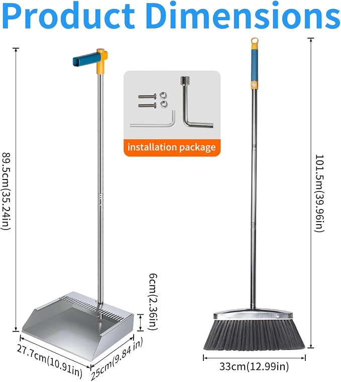 Heavy Duty 304 Stainless Steel Dustpan and Broom Set, Long Handle Self Standing Dust Pan with Wide Mouth Pet Hair Comb Teeth, Indoor Outdoor Cleaning Set for Kitchen Garage Office