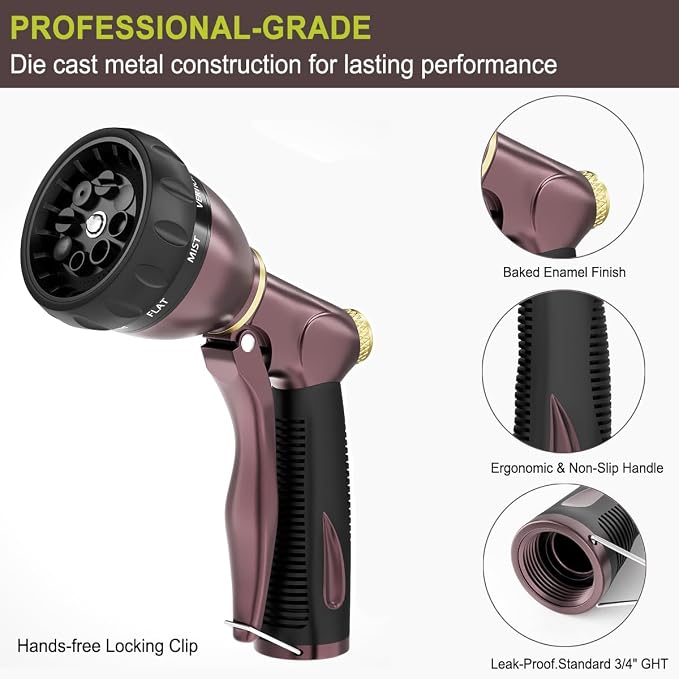 FANHAO Metal Water Hose Nozzle Heavy Duty, 8 Spray Patterns, High Pressure | Comfortable Non-Slip Handle, Hands-Free Lock, Rustproof Leak Proof Hose Sprayer Nozzle for Watering Plant, Car & Pet Washing