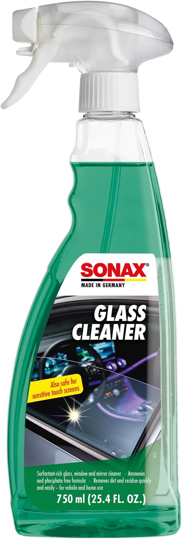 SONAX Glass Cleaner 338400 | Powerful Streak Free Formula for Crystal Clear Windows and Mirrors | Easily Removes Dirt Grease and Grime | Safe for Automotive and Household Use | 750ml