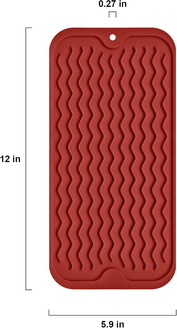 Silicone Dish Drying Mat, Non-Slip Easy Clean Sink Mat Large Heat-resistant Dish Drainer Mat for Kitchen Counter, Sink, Refrigerator or Drawer liner (12" x 6", RED)