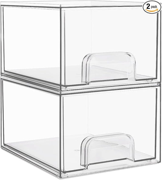 Vtopmart 2 Pack Small Clear Stackable Storage Drawers,Acrylic Bathroom Makeup Organizer,Plastic Storage Bins for Vanity, Undersink, Kitchen Cabinets, Pantry, Home Organization