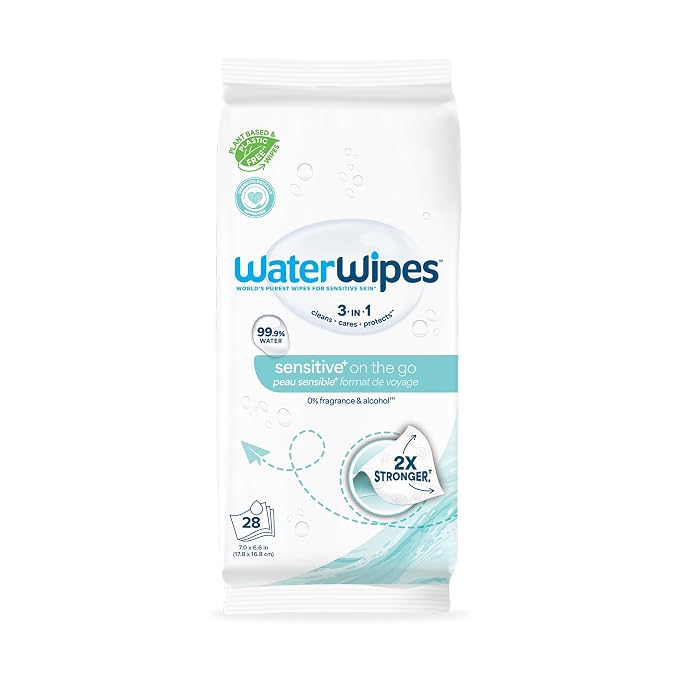 WaterWipes Sensitive+ On The Go Wipes, 3-In-1 Cleans, Cares, Protects, 99.9% Water, Unscented & Hypoallergenic Wet Wipes, 28 Count (Pack of 1)