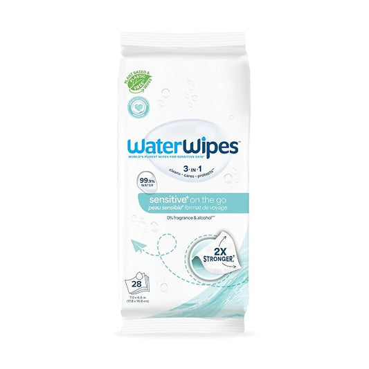 WaterWipes Sensitive+ On The Go Wipes, 3-In-1 Cleans, Cares, Protects, 99.9% Water, Unscented & Hypoallergenic Wet Wipes, 28 Count (Pack of 1)
