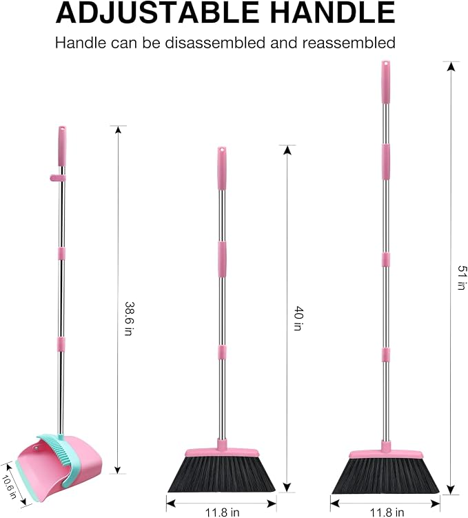 NACENA Broom and Dustpan Set with 52-in Long Adjustable Handle, Pink Blue | Broom Dustpan Combo with Dustpan Teeth to Automatically Clean Hair Suitable for Home Kitchen Office Hall Floor