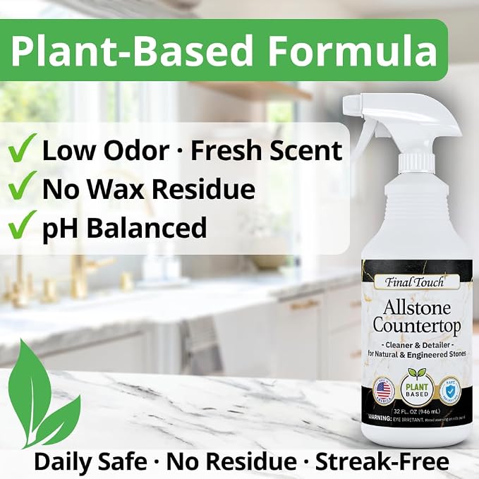Final Touch AllStone Countertop Cleaner – Plant-Based Stone Safe Cleaning Spray with Scrub Brush – Daily Use Cleaner for Granite, Quartz, Marble, Kitchen Counters – Streak-Free Detail Clean