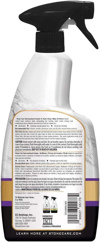 Stone Care International Granite Clean, Shine & Protect - Cleans Polishes & Protects Stone, Granite, Quartz, Marble, Limestone and Travertine Slate Surfaces, White, 24 Fl oz