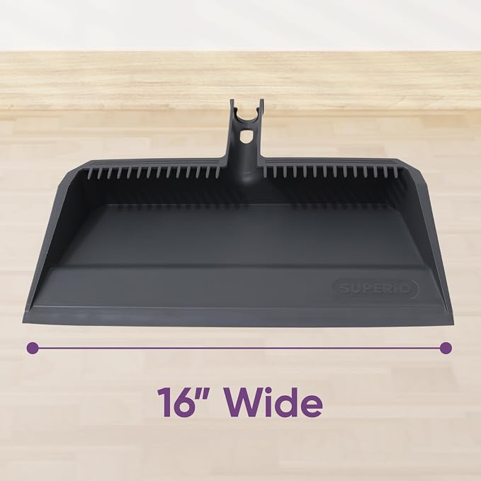 Superio 2-Pack Wide Plastic Dustpan with Comb - 16" Wide, Rubber Lip, Broom Handle Clip, Grey