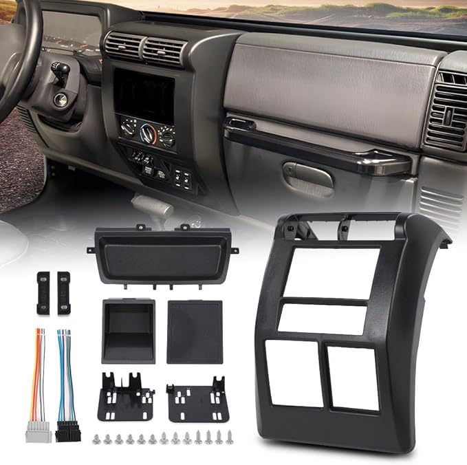G-PLUS Double Din Radio Dash cover Kit, Compatible with Jeep Wrangler TJ 1997 1998 1999 2000 2001 2002 95-6549 Dash Stereo Mounting Bezel Panel