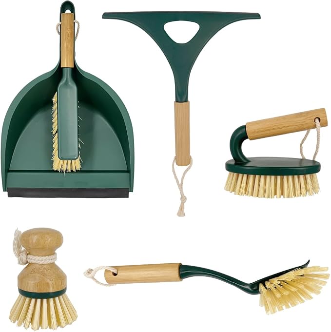 Pine-Sol Scrub Brush Cleaning Tool Set - Heavy Duty Brushes with Bamboo Handles, Dustpan, Shower Squeegee - Dishwashing, Kitchen, and Bathroom Cleaning Supplies, 6 Pieces