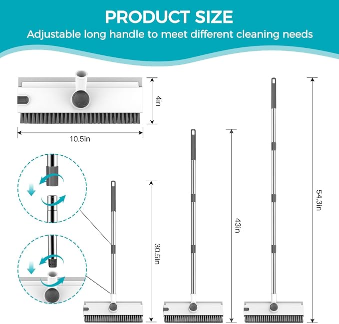 SetSail Floor Scrub Brush with 54in Adjustable Long Handle, Grey&White | 3 in 1 Floor Scrub Brush with Scraper and Stiff Bristle, Heavy Duty Floor Scrubber for Shower Bathroom Kitchen Patio Garage