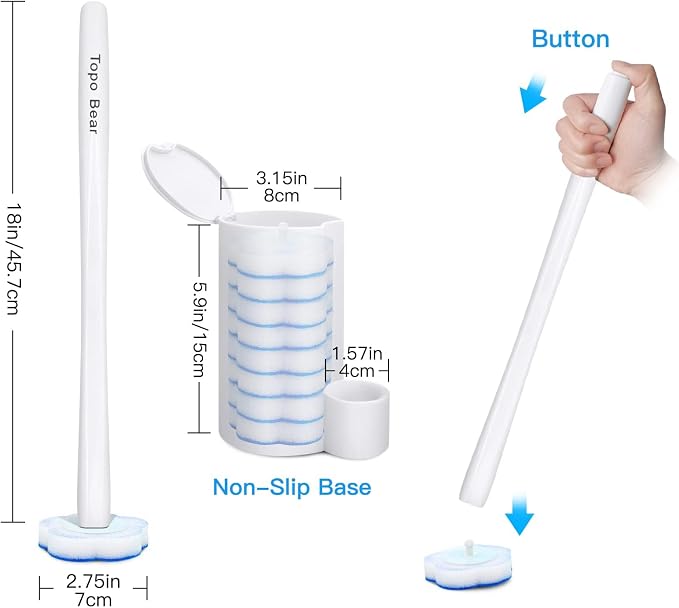 Topo Bear Disposable Toilet Brush Holder Set Toilet Wand (Pack of 2) Toilet Cleaner Scrubber with 24 Refills