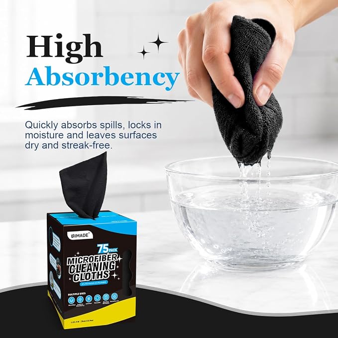 UNIMADE Microfiber Cleaning Cloth, 75 Sheets Microfiber Towels for Cars Commercial Grade Washcloths Lint-Free Bulk Shop Towel Cleaning Rags for Household Restaurant Garage Housekeeping, 11"x 9", Black