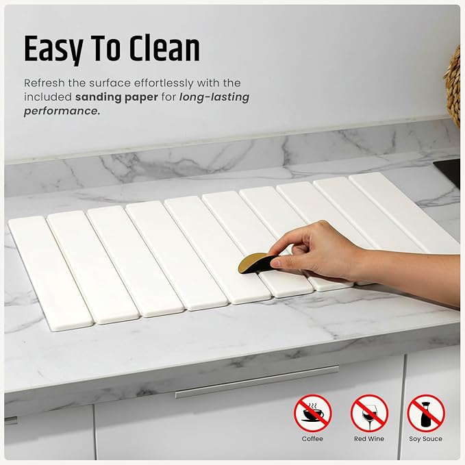 Stone Dish Drying Mat for Kitchen Counter - Fast-Absorbing Diatomite Drying Stone - Reusable Kitchen Drying Mat for Dishes, Cups & Utensils - Quick-Dry Stone Mat for Kitchen Sink and Countertop