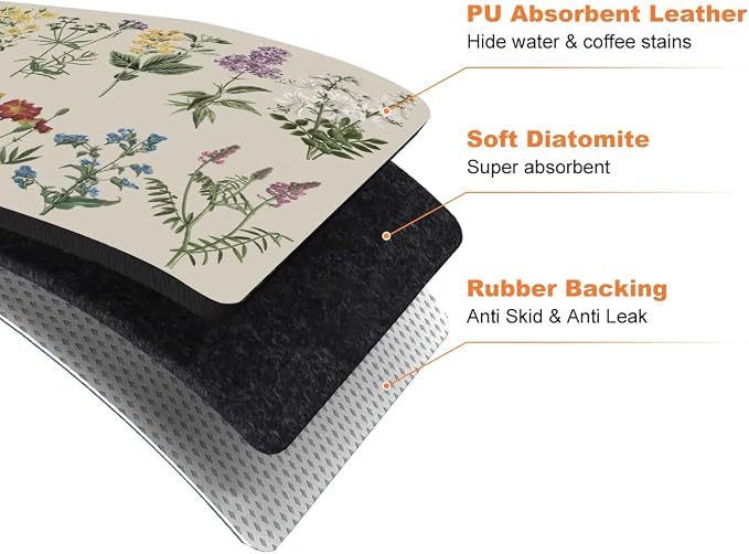 LOKHOM Dish Drying Mat for Kitchen Counter, 16"x18" Absorbent Coffee Bar Mat with Vintage Sage Flower Herbs, Dish Drainer Rack Mat for Kitchen Counter