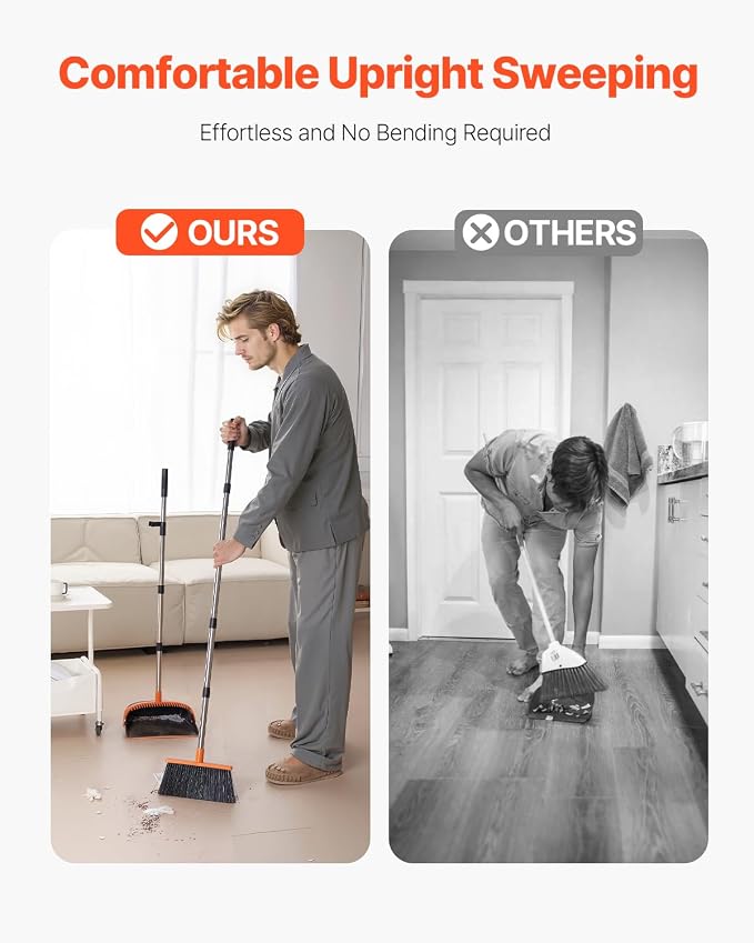 VEVOR Broom and Dustpan Set, Heavy Duty Dustpan and Broom Combo with Self-Cleaning Teeth, Metal Upright Standing Dust Pan with Long Handle, Ideal for Home, Restaurant, Office, Dorm, Black+Orange