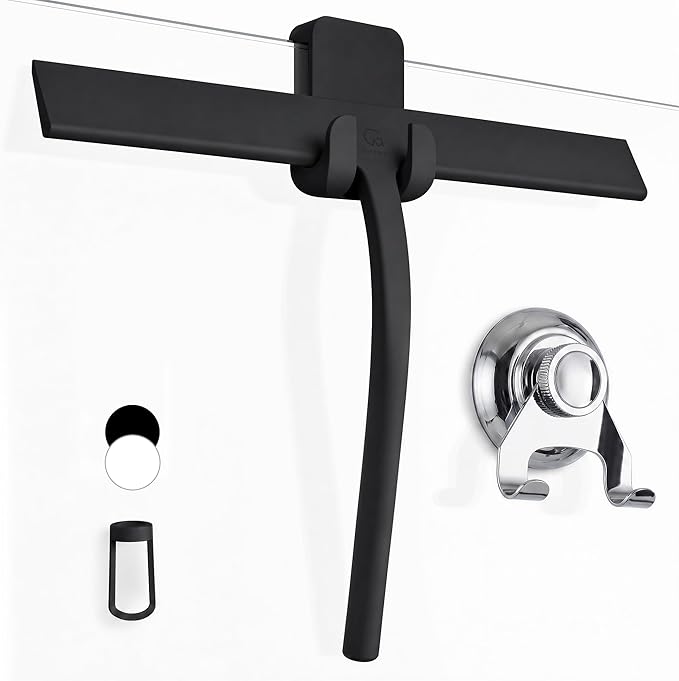 GÜTEWERK Silicone Shower Squeegee for Glass Doors & Mirrors with Stainless Steel Core, Streak-Free & No-Squeak Window Cleaning, 3-in-1 No-Drill Mount (Hook/Suction/Adhesive),Black, 13 Inches