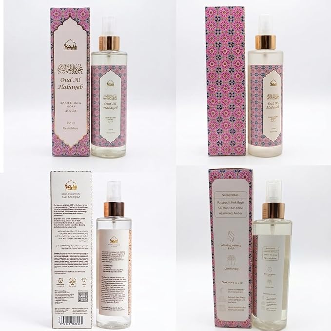 Oud Al Habayeb Rose Spray by Dukhni | 250ml Arabic Oud Room Spray for Home | Rose & Oud Linen Spray for Home, Prayer Mats, Bed, Sofa, Living Room, Curtain, Car | Room Freshener, Odour Eliminator
