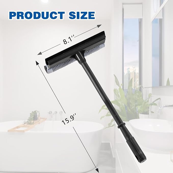 Window Squeegee, 2-in-1 Window Cleaner, Window Washing Kit, Multi-Use Car Windshield Cleaning Tool with Long Handle for Glass,Shower,Outdoor Window Cleaning (15.9")