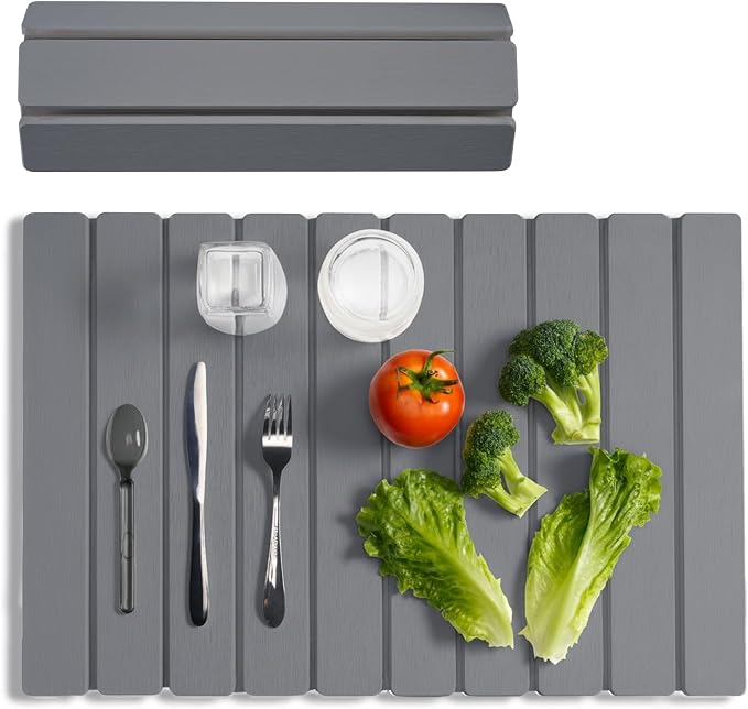 Meowoo Stone Drying Mat for Kitchen Counter, 23.6"x15.3" Foldable Diatomaceous Earth Mat, Super Absorbent, Quick-Dry Bath & Kitchen Pad for Dishes, Cups, Non-Slip, Fits Any Countertop - Dark Gray
