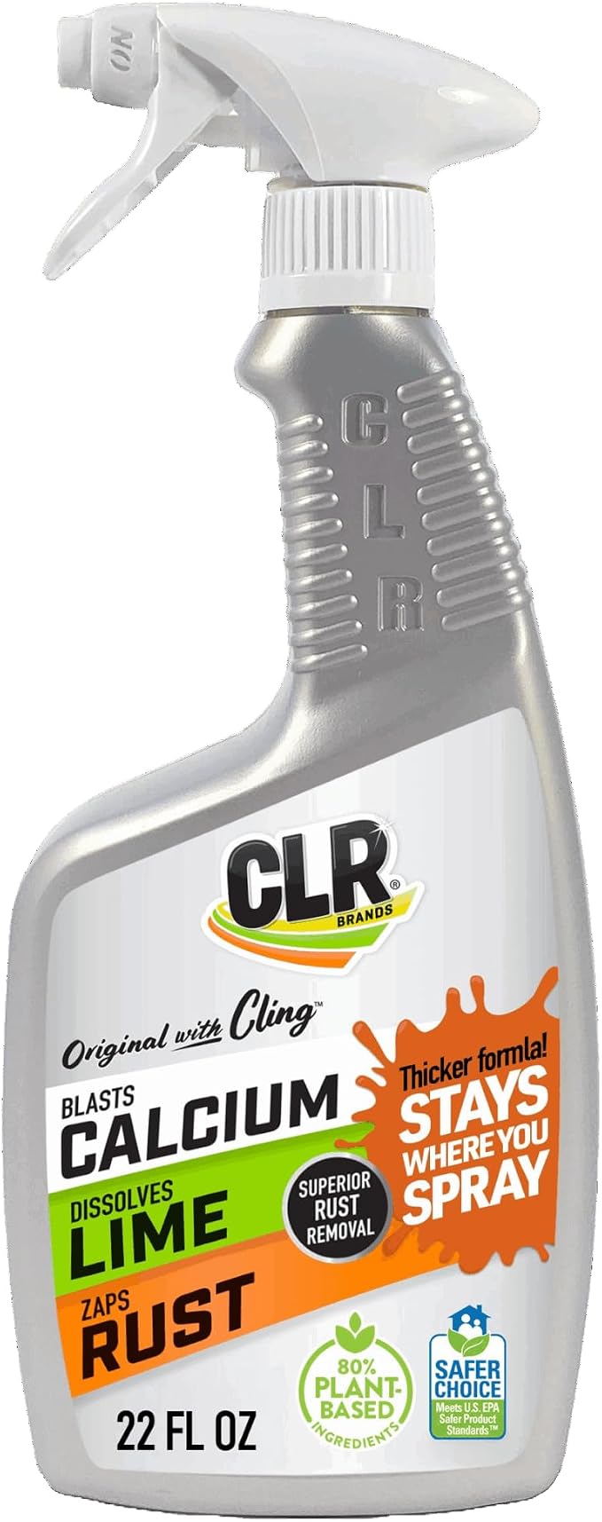 CLR Brands Calcium, Lime & Rust Remover with Cling, 22 oz. Spray Bottle, Adheres to Hard-to-Reach Surfaces, Blasts Calcium, Dissolves Lime Deposits, Zaps Stubborn Rust Stains and Hard Water Deposits
