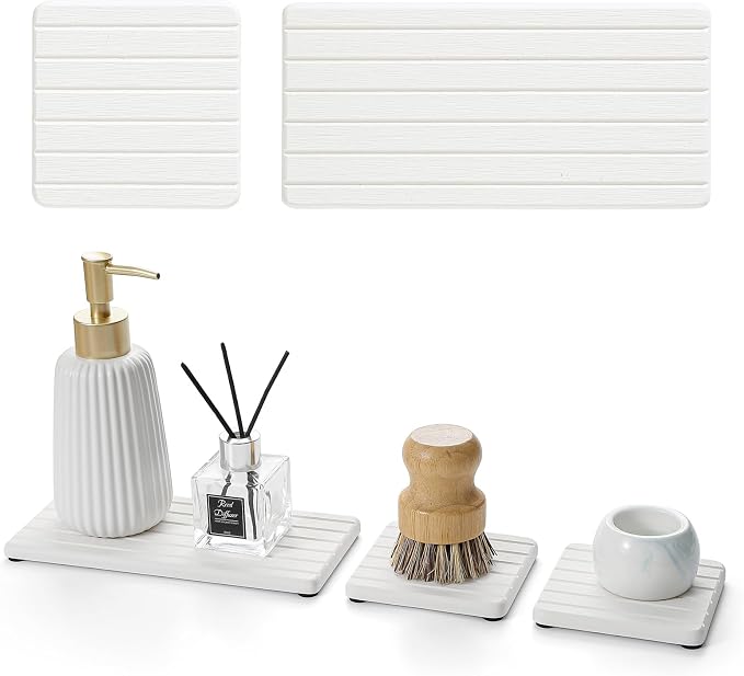 3 Pack Water Absorbent Diatomite Coasters, Stone Drying Mat for Kitchen Counter, Bathroom Sink Organizer Tray, Compact Vanity Rack, Soap Holder Caddy, Faucet Splash Guard, White 8"x3.8"