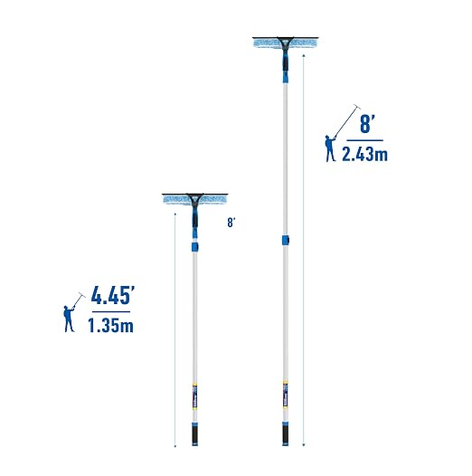 Unger Professional 2-in-1 Squeegee and Scrubber, 14” Window Cleaning Tool and 8’ Connect & Clean Pole, Essential Glass Supplies for Commercial and Residential Use, Microfiber Sleeve