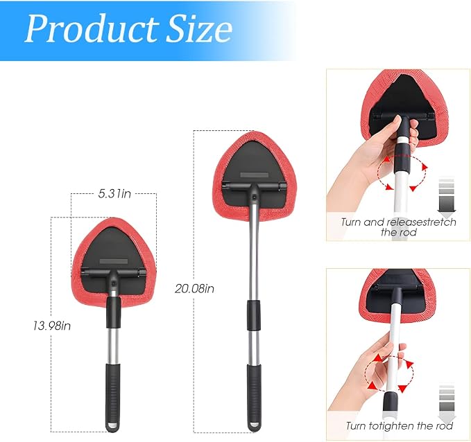 Extendable Car Windshield Cleaning Tool with Microfiber Pads, Red | reusable glass-wiper design, interior and exterior window use, fits most cars, SUVs, and trucks, automotive cleaning tools
