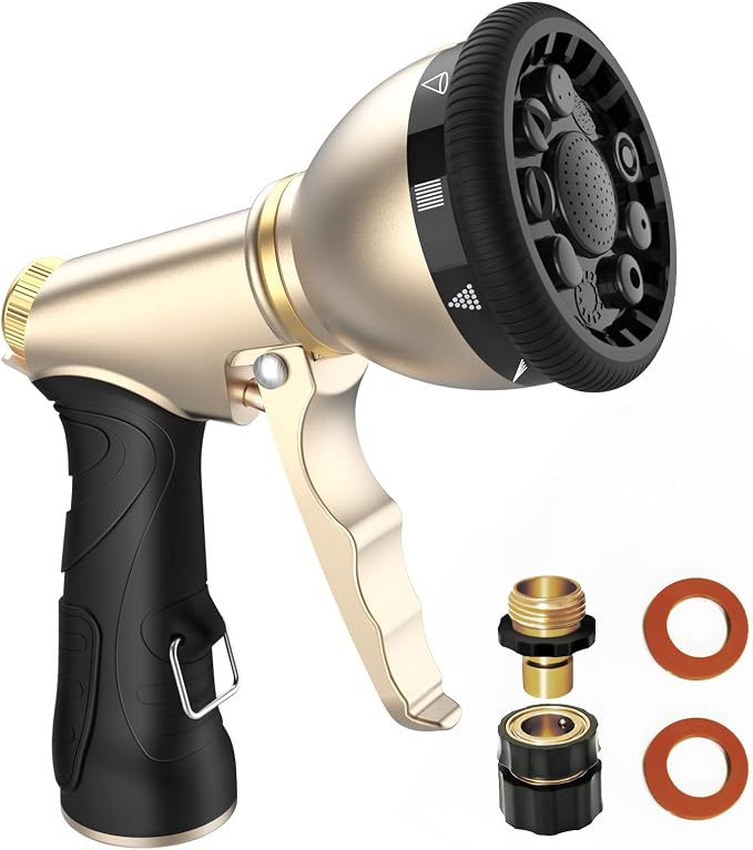 Heavy Duty Hose Nozzle, 9-IN-1 Spray Patterns, Spray Nozzles for Garden Hose with Metal Trigger & Lock Bar, 3/4" Thread & Connection Adapter, Suit for Watering Plants, Lawn, Car, Outdoor Pet