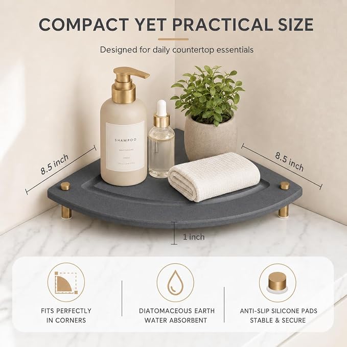 Corner Counter Shelf, Water Absorbing Stone Drying Tray Mat for Kitchen & Bathroom Sink, Diatomaceous Gold Faucet Coaster Soap Dish Rack Riser Dispenser Sponge Holder, Dark Gray, 8.5" x 8.5"