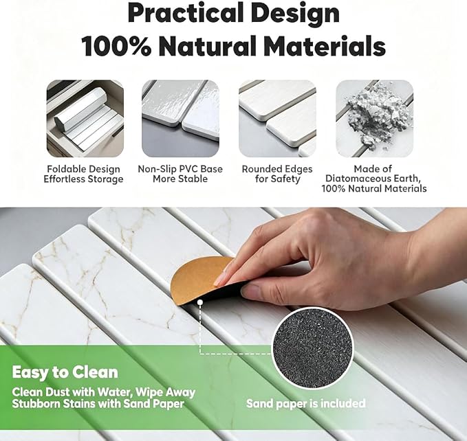 Stone Drying Mat for Kitchen Counter, Quick Diatomaceous Earth Mats for Dishes, 24"L x 16" W Super Absorbent Fast-Drying Collapsible Countertop Stone Mat (Marble Gold White, 24" x 16")