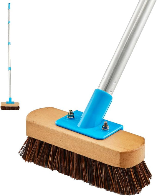 YONILL Floor Scrub Brush with Long Handle for Deck, Patio,Garden, Sidewalk | 60" Adjustable Stainless Steel Handle, Deck Brush with Stiff Natural Palmyra Bristles, Cleaning Rough Surface, Concrete Floor