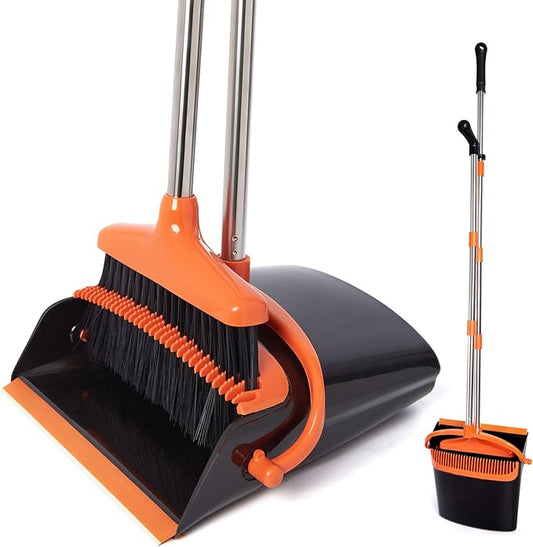 Broom and Dustpan Set,54.72" Long Handle,Standing Dustpan,1-Pack | Light Weight Stainless Steel Poles,Upright Dustpan with Broom Combo,for Home Kitchen Office Pet Dog Hair,Black & Orange