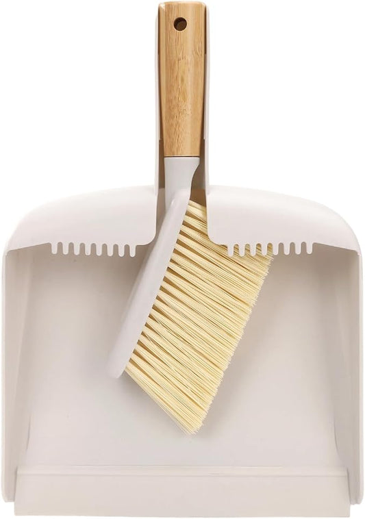 Mini Dustpan and Brush Set with Bamboo Handle, Portable Multipurpose Broom Dustpan Set with Handle Teeth, for, Desktops, Bedroom, Kitchen, Pet Care, Camping, 1 Set (White)
