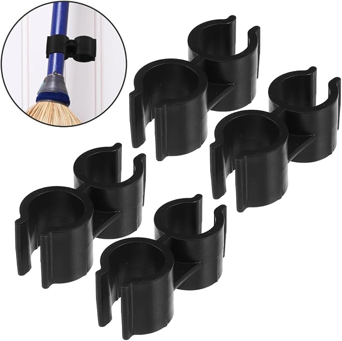 VOSAREA 4pcs Clip for Broom and Dustpan, Black Plastic Broom and Dustpan Connector Clip, Double Pipe Clamp Fastener for Space Saving Storage Organizer