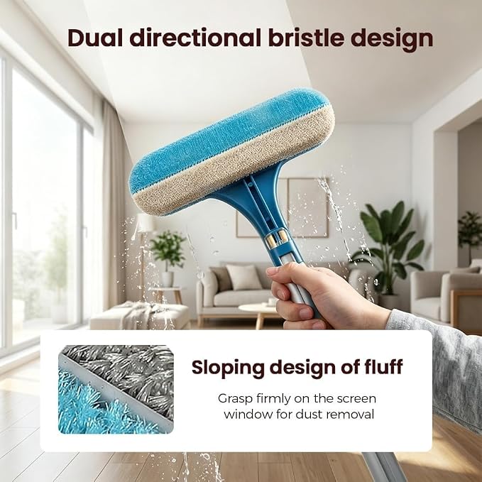 Window Screen Cleaning Brush, 2 in 1 Screen Cleaner Tool with Squeegee, Multi-Purpose for Patio, Door, Porch Screens (Blue)