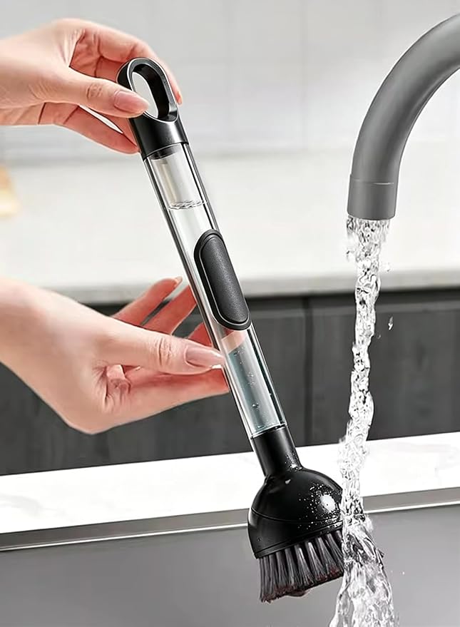 Soap Dispensing Dish Brush with Handle, 360° Rotating Head, 5-Piece Kitchen Cleaning Set (2 Brush Heads & 3 Sponges), Non-Scratch Scrubber for Pot, Pan, Sink, Leak-Proof Dishwand, Black