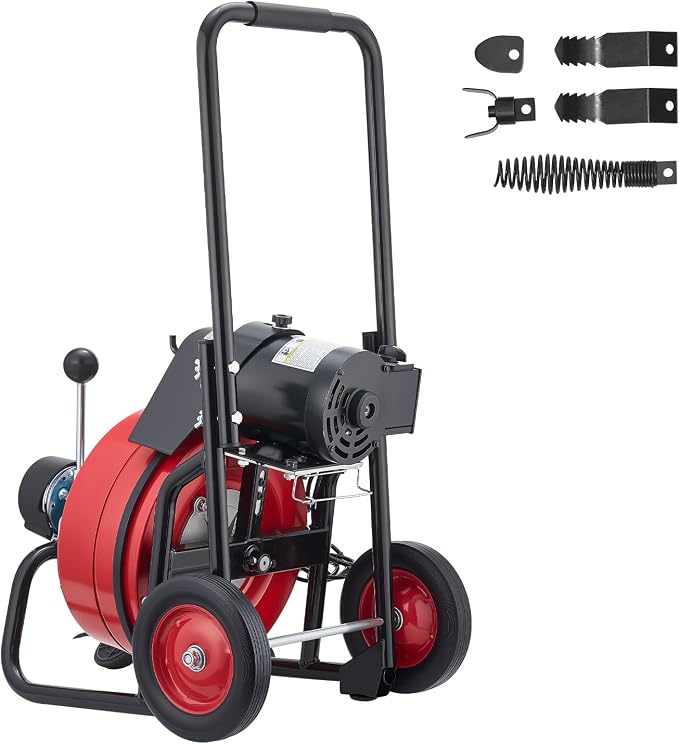VEVOR Drain Cleaner Machine 50 FT x 3/8 Inch, Auto Feed Sewer Snake Auger on Wheels, Portable Drain Cleaning Machine with 4 Cutters & Air-activated Foot Switch for 2" to 4" Pipes