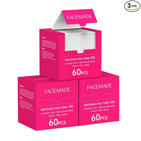FACEMADE 180 Count (3 Packs) XXL Disposable Face Towels 12" × 12", 100% Biobased Face Towels Disposable, Clean Facial Towels for Makeup and Clean Skin, Super Soft and Thick Dry Wipes Club