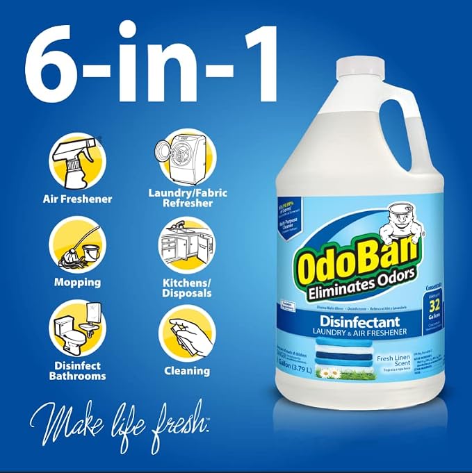 OdoBan Ready-to-Use Disinfectant and Odor Eliminator, Made in the USA, Fresh Linen Scent, Set of 3, 2 Spray Bottles, 32 Ounces Each and 1 Gallon Concentrate