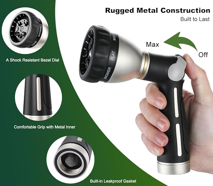 FANHAO Metal Thumb Control Garden Hose Nozzle Heavy Duty, 8 Spray Patterns | Rustproof Zinc Alloy, Non-Slip Ergonomic Grip, Leakproof High Pressure Water Nozzle Sprayer for Garden, Patio, Car & Pet