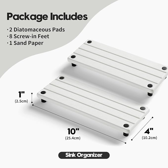 Razborci 2 Pack Fast Drying Water Absorbing Diatomite Stone Mat Tray for Kitchen & Bathroom Counter - Instant Dry Sink Caddy Organizer - Vanity Holder for Soap and Sponge – White 10" x 4"