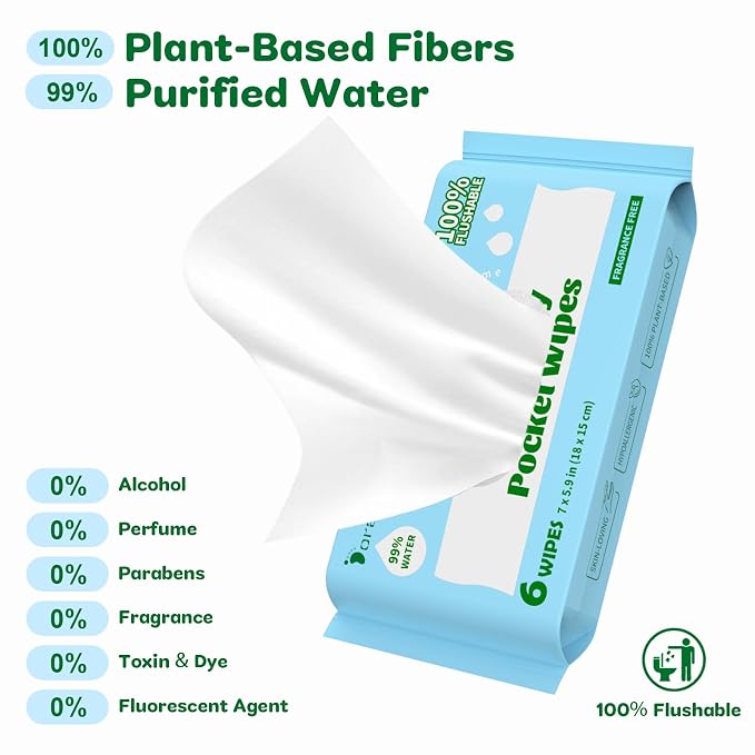 Flushable Wipes Travel Size, 99% Water Mini Wet Wipes for Sensitive Skin, Hypoallergenic & Unscented On The Go Pocket Wipes, 48 Count (8 Packs of 6)