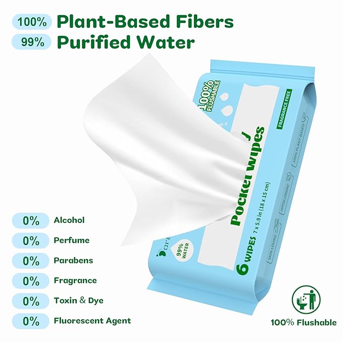 Flushable Wipes Travel Size, 99% Water Mini Wet Wipes for Sensitive Skin, Hypoallergenic & Unscented On The Go Pocket Wipes, 96 Count (16 Packs of 6)