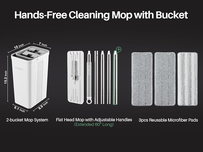 JOYMOOP Flat Mop System, Microfiber Mop and Bucket Set, White, Household & Commercial Floor Cleaning Mop with Long Handle, Includes 3 Microfiber Pads