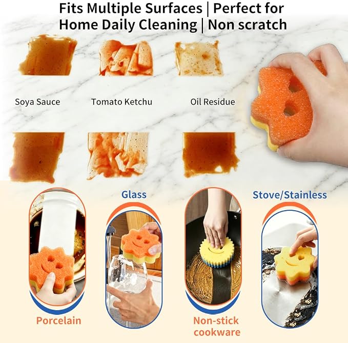 8 Pack Scrub Sponges, BIH Smile Dual-Sided Dish Sponge, 2 Shapes Temperature Sensitive Non Scratch Kitchen Sponges for Kitchen, Bathroom, Windows & All Household Surfaces, Stain & Odor Resistant