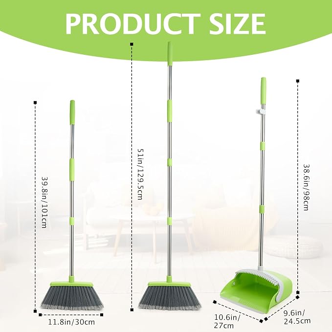 Broom and Dustpan Combo Set,51" Long Handle,Gray Green | Heavy Dust, Dustpans with Broom Combo for Home, Kitchen, Office, Classroom,Apartment, Pet Hair