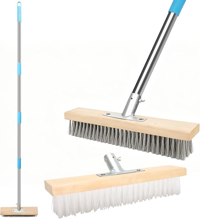 LINMAGOCO Stainless Steel Wire Scrub Brush with 63" Long Handle,12IN Outdoor Garden Broom, with a Wire Brush and a Soft Bristle Brush for Garden, Patio, Garage, Moss,Algae,Grime Remover