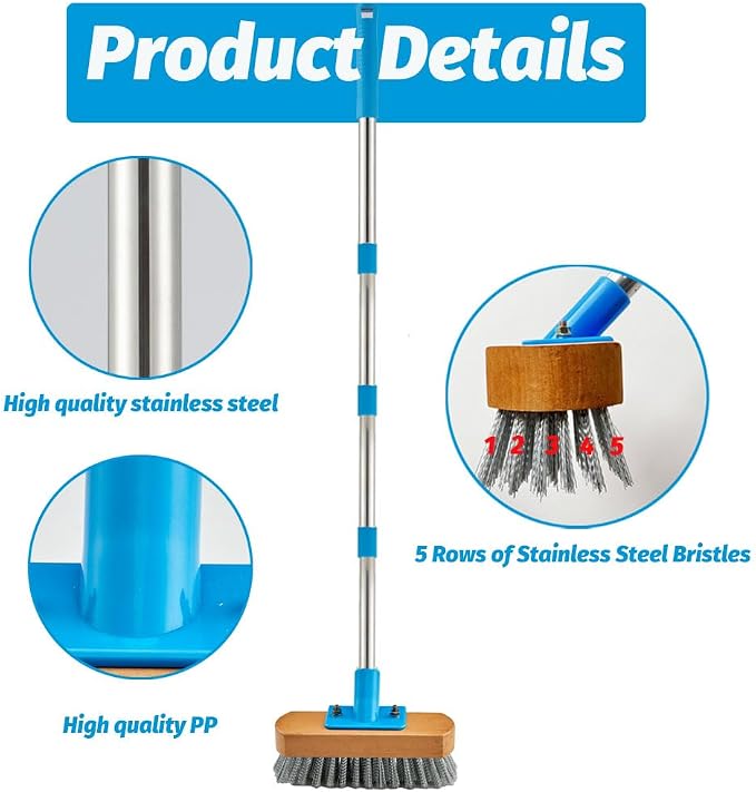 YONILL Stainless Steel Deck Scrub Brush with 60" Long Handle for Outdoor | Heavy Duty Floor Scrubber Brush, Moss Remover Wire Cleaning Brushes for Rough Surface, Concrete Floor, Patio, Garden, Garage