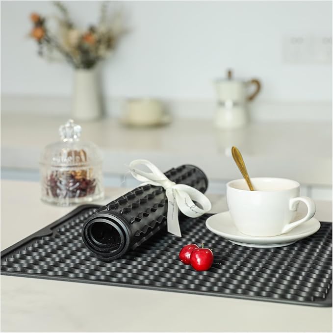 2 Pack Caketime Silicone Dish Drying Mat for Kitchen Counter Under Sink Protector Organizers Cooking Baking for Blackstone Griddle Accessories Coffee Mats Appliance Stone Rack Trays Drain Black