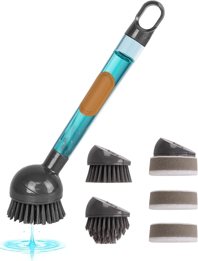 Soap Dispensing Dish Brush with Handle, 360° Rotating Head, 5-Piece Kitchen Cleaning Set (2 Brush Heads & 3 Sponges), Non-Scratch Scrubber for Pot, Pan, Sink, Leak-Proof Dishwand, Grey
